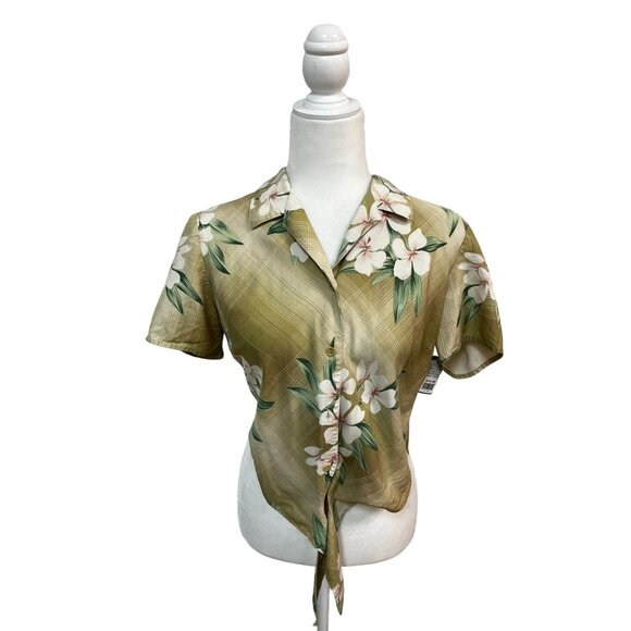 Tommy Bahama Womens Green Tropical Silk Button-Up Front Tie Top Size 8 - Picture 1 of 5